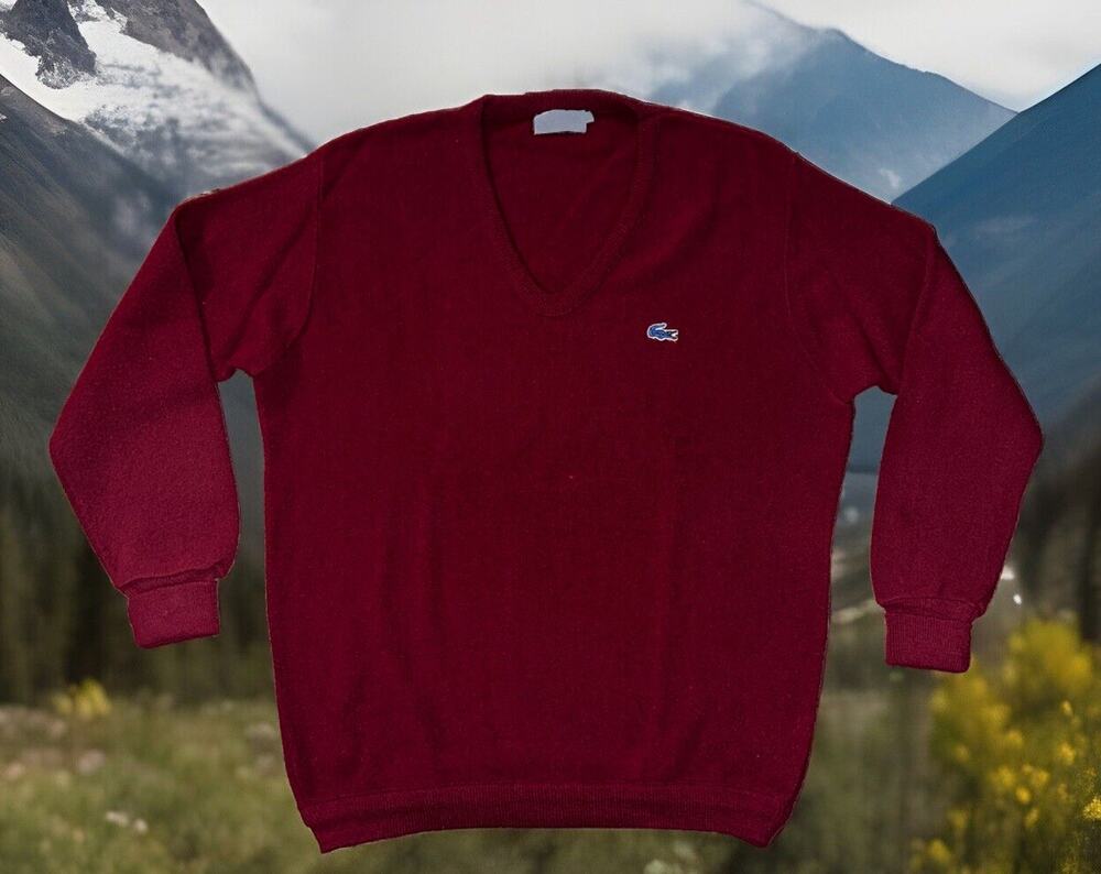 Izod Lacoste Sweater Large Cranberry VTG 80s Holiday Blue Logo V Neck